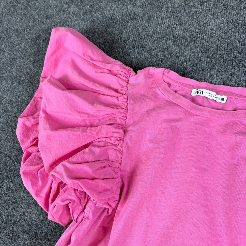 Zara Crop Top Womens Medium Pink Cotton Crew Neck Pleated Ruffle Sleeve Pullover
